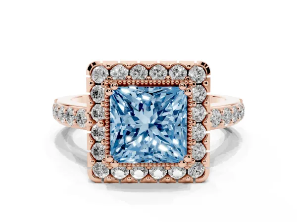 Fancy Blue Princess Cut Diamond Halo Ring with Pavé Band and Prong Setting Rose gold
