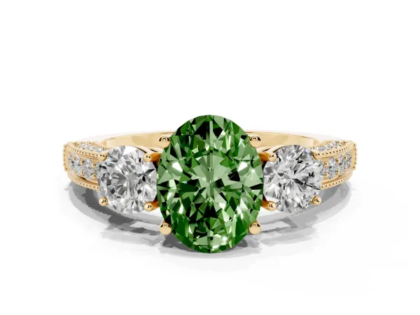 Fancy Green Oval Cut Three-Stone Diamond Ring with Pavé Band and Four-Prong Setting Yellow gold