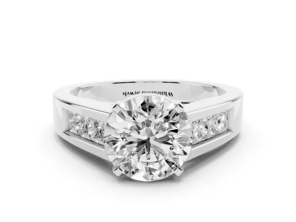 Round Cut Cut Channel Set Solitaire Ring with Four-Prong Setting Platinum