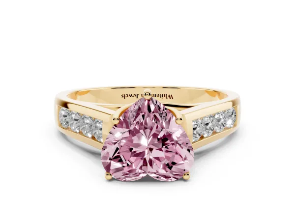 Fancy Pink Heart Cut Brilliant Channel-Set Solitaire Ring with Four-Prong Setting Yellow gold