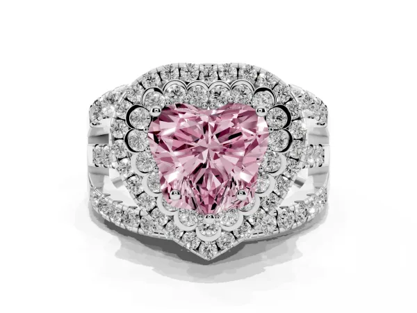 Fancy Pink Heart Cut Diamond Double Halo Ring with Round Pavé Split Shank and Prong Setting Platinum