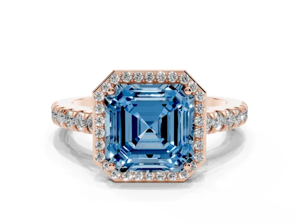 Fancy Blue Asscher Cut Cut Halo Diamond Engagement Ring with Pave Band and Four-Prong Setting Rose gold