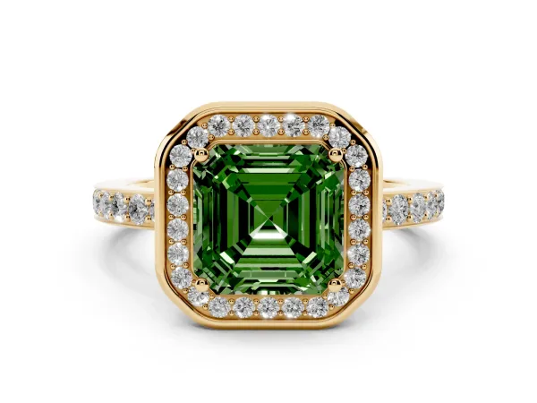 Fancy Green Asscher Cut Diamond Halo Ring with Bezel Frame and Pavé Band Yellow gold