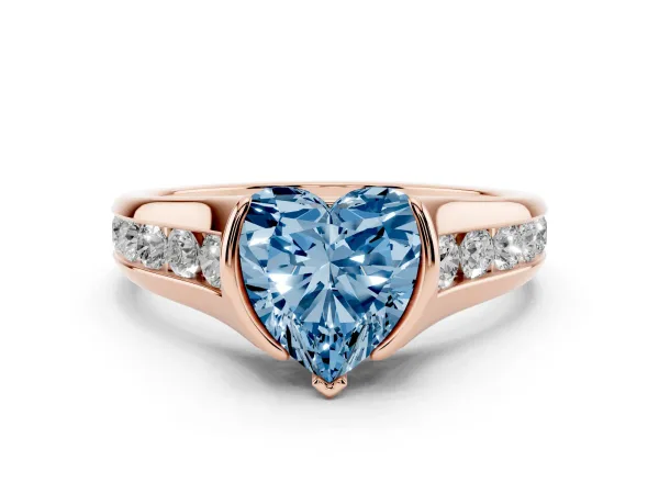 Fancy Blue Heart Cut Solitaire Bezel-Set Diamond Ring with Channel-Set Band Rose gold