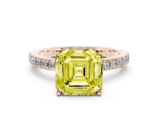 Fancy Yellow Asscher Cut Cut Diamond Solitaire with Pave Band and Four-Prong Setting Rose gold