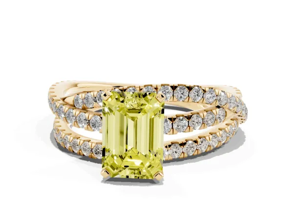 Fancy Yellow Emerald Cut Solitaire Twist Band with Pavé Setting and Four-Prong Setting Yellow gold