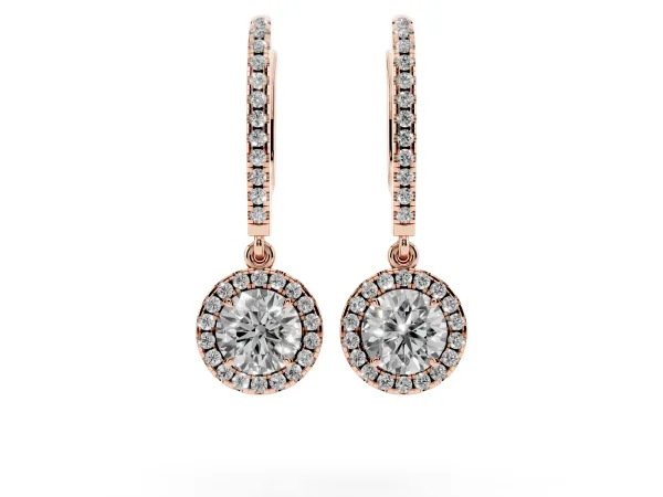 Round Cut Diamond Halo Drop Earrings with Pavé Hoop Rose gold