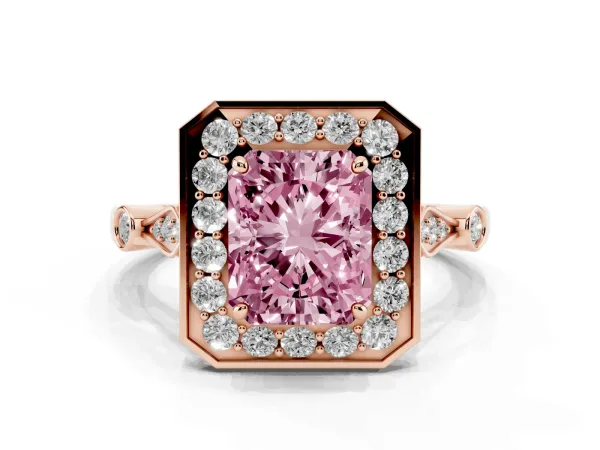 Fancy Pink Radiant Cut Halo Diamond Engagement Ring with Twisted Band and Four-Prong Setting Rose gold