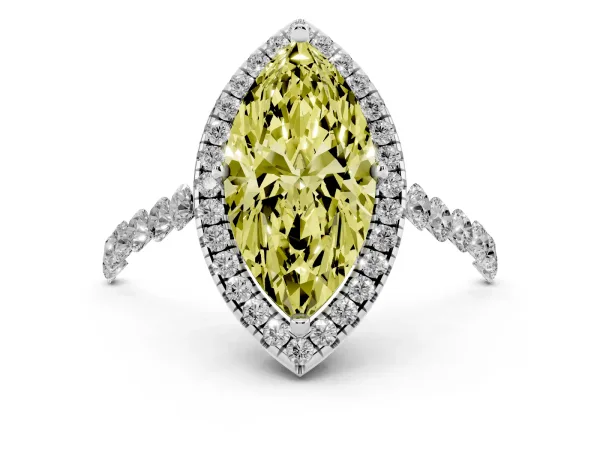 Fancy Yellow Marquise Cut Halo Pavé Diamond Engagement Ring with Four-Prong Setting Platinum