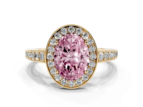 Fancy Pink Oval Cut Halo Pavé Diamond Engagement Ring with Bezel Setting Yellow gold