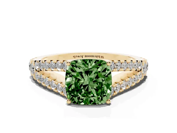 Fancy Green Cushion Cut Diamond Split Shank Pavé Engagement Ring with Four-Prong Setting Yellow gold
