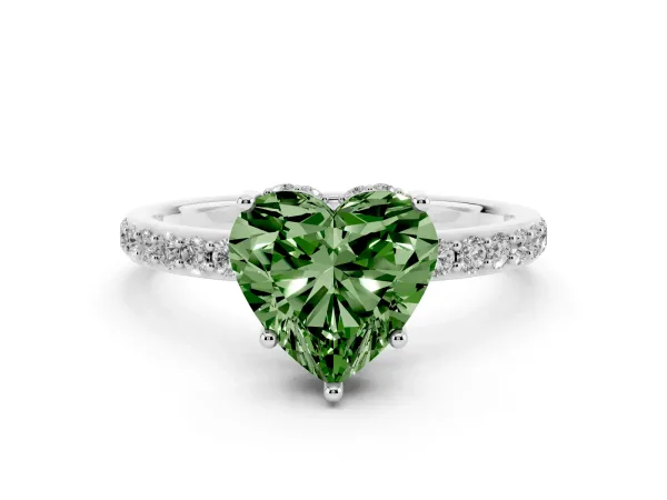 Fancy Green Heart Cut Diamond Solitaire Ring with Pavé Band and Hidden Halo White gold