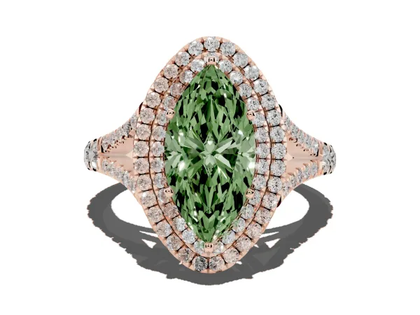 Fancy Green Marquise Cut Diamond Pavé Split Shank Double Halo Engagement Ring Rose gold