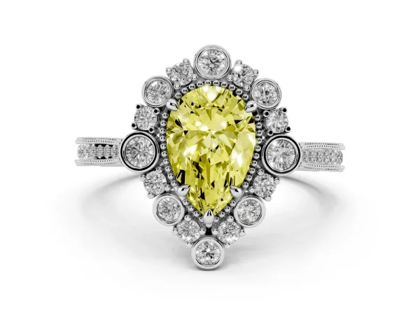 Fancy Yellow Pear Cut Halo Milgrain Pave Diamond Ring with Four-Prong Setting White gold