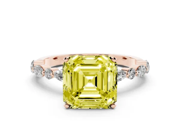 Fancy Yellow Asscher Cut Diamond Ring with Marquise and Round Side Stones and Four-Prong Setting Rose gold