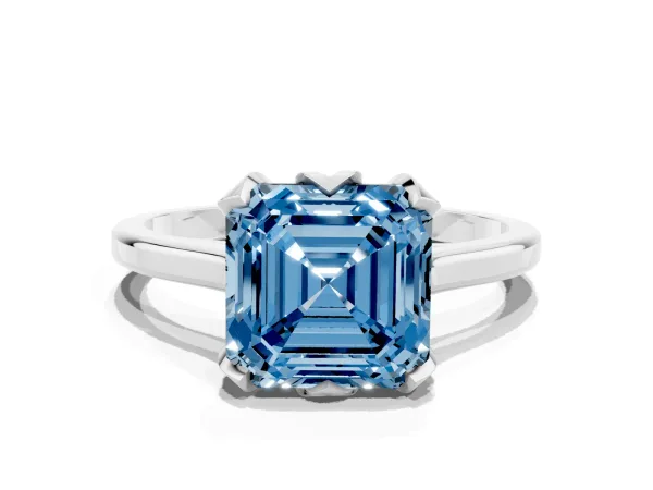 Fancy Blue Asscher Cut Diamond Solitaire Ring with Flower Prong Setting and Classic Band Platinum