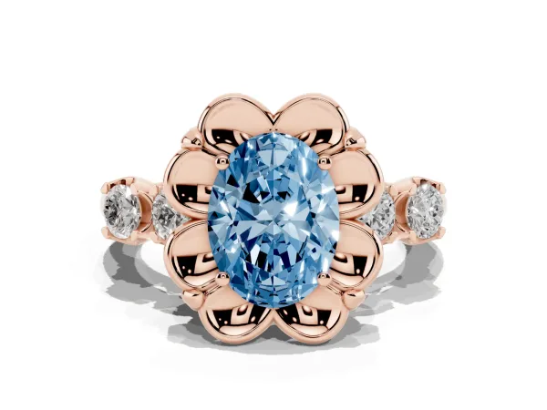 Fancy Blue Oval Cut Cut Diamond Floral Halo Engagement Ring with Shared Prong Setting Rose gold