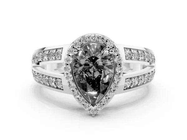 Fancy Black Pear Cut Diamond Halo Ring with Split Shank Pavé Band and Four-Prong Setting Platinum
