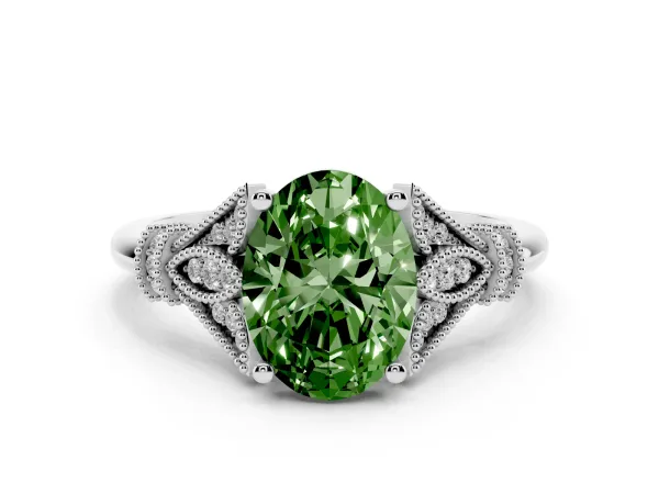 Fancy Green Oval Cut Diamond Solitaire Ring with Floral Filigree and Pave Accents Platinum