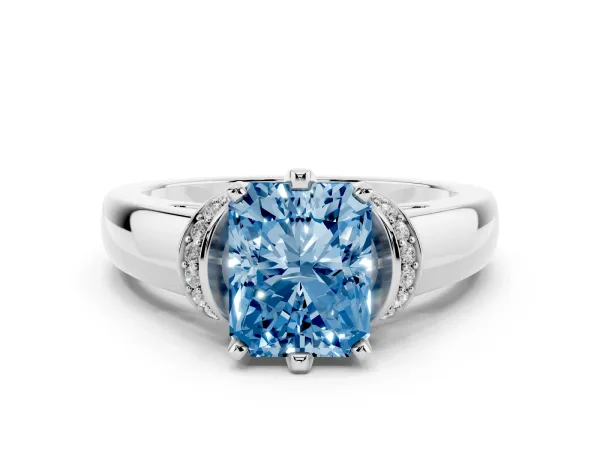 Fancy Blue Radiant Cut Solitaire Diamond Ring with Pave Band and Six-Prong Setting White gold