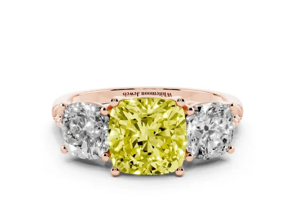Fancy Yellow Three-Stone Cushion Cut Diamond Ring with Round Pavé Band and Prong Setting Rose gold