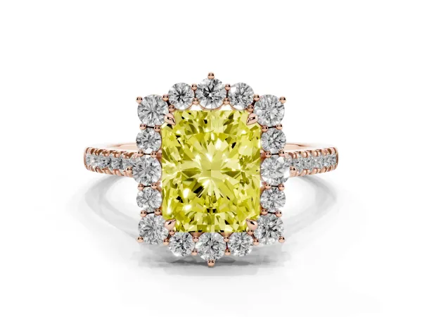 Fancy Yellow Radiant Cut Halo Diamond Ring with Pavé Band and Prong Setting Rose gold