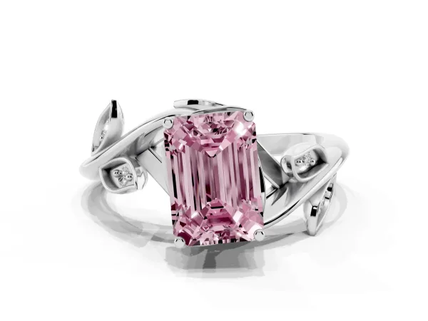 Fancy Pink Emerald Cut Solitaire Twist Engagement Ring with Leaf Accents and Prong Setting Platinum