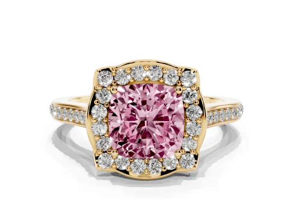 Fancy Pink Cushion Cut Halo Round Diamond Pave Band with Four-Prong Setting Yellow gold