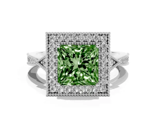 Fancy Green Princess Cut Halo Round Diamond Milgrain Pave Engagement Ring Platinum
