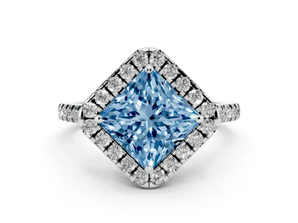 Fancy Blue Princess Cut Diamond Cushion Halo Ring with Pavé Band Platinum