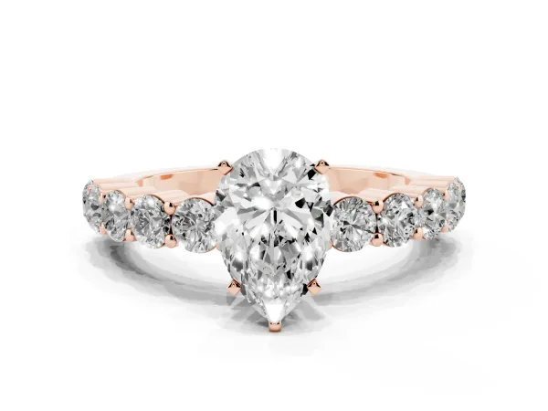 Pear Cut Diamond Solitaire Ring with Shared Prong Round Side Stones Rose gold