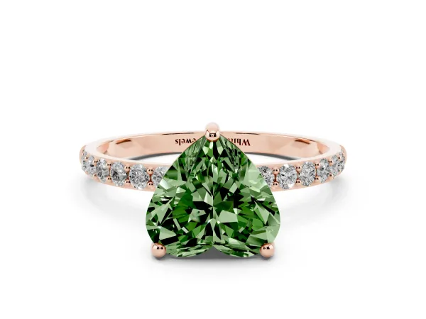 Fancy Green Heart Cut Diamond Solitaire Ring with Round Pavé Band and Prong Setting Rose gold