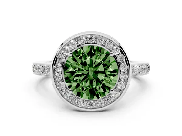 Fancy Green Round Cut Diamond Halo Ring with Bezel Frame and Pavé Band Platinum