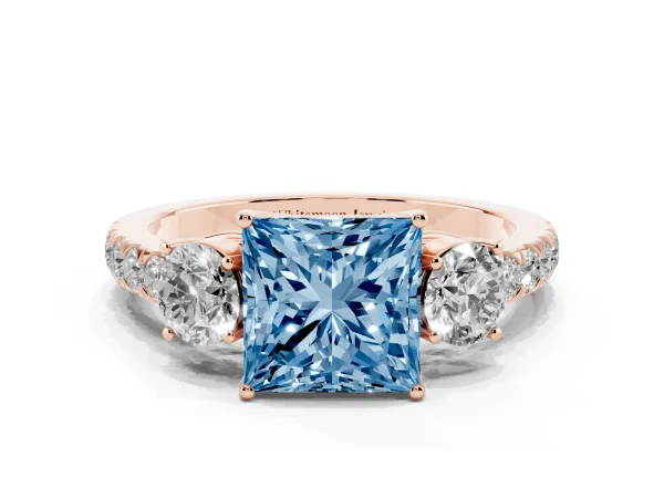 Fancy Blue Princess Cut Cut Diamond Three-Stone Ring with Round Side Stones and Pavé Band Rose gold