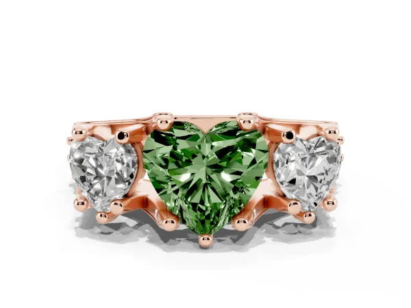 Fancy Green Heart Cut Diamond Three-Stone Ring with Channel Set Band and Four-Prong Setting Rose gold