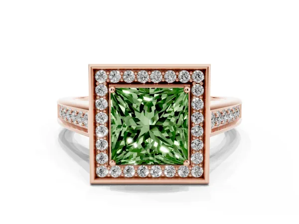 Fancy Green Princess Cut Halo Solitaire Diamond Ring with Pave Band and Bezel Setting Rose gold