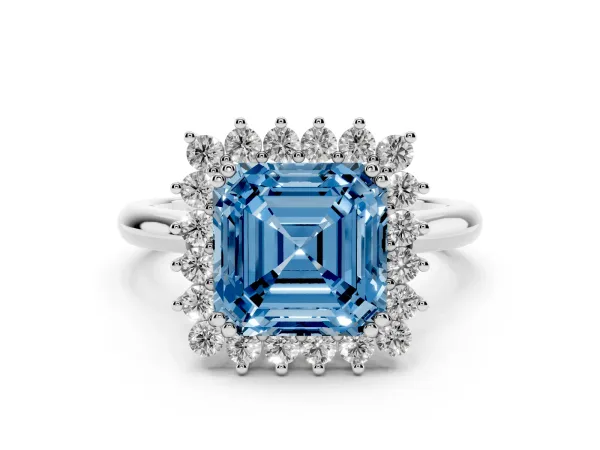 Fancy Blue Asscher Cut Cut Diamond Halo Ring with Solitaire Band and Prong Setting White gold