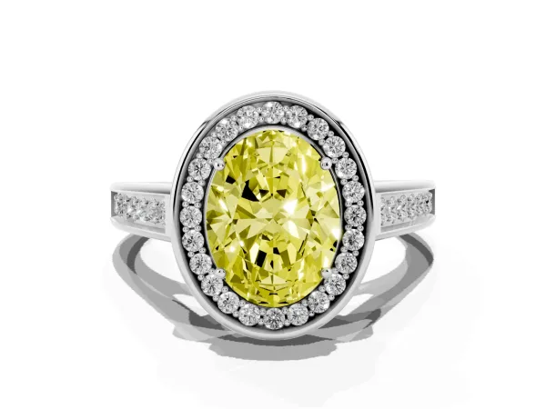 Fancy Yellow Oval Cut Halo Solitaire Diamond Ring with Pave Band and Bezel Setting Platinum