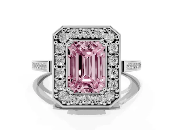 Fancy Pink Emerald Cut Diamond Halo Ring with Split Shank and Four-Prong Setting White gold