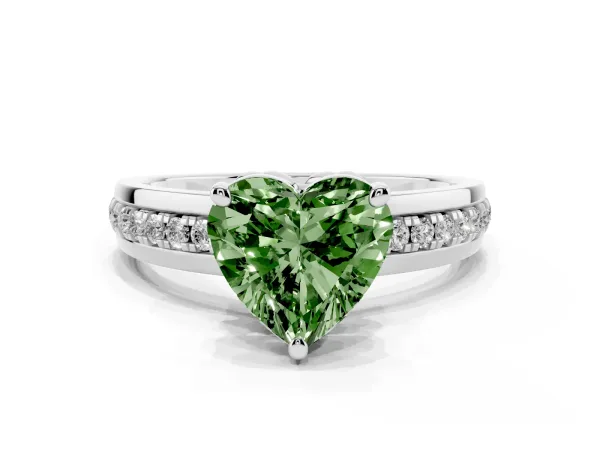 Fancy Green Heart Cut Solitaire Diamond Ring with Channel Set Band and Six-Prong Setting Platinum