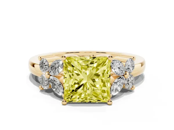 Fancy Yellow Princess Cut Diamond Floral Cluster Ring with Solitaire Band and Prong Setting Yellow gold