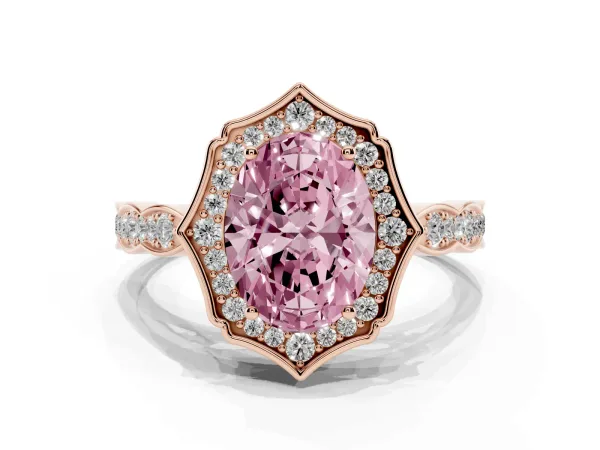 Fancy Pink Oval Cut Halo Diamond Engagement Ring with Milgrain Band and Four-Prong Setting Rose gold