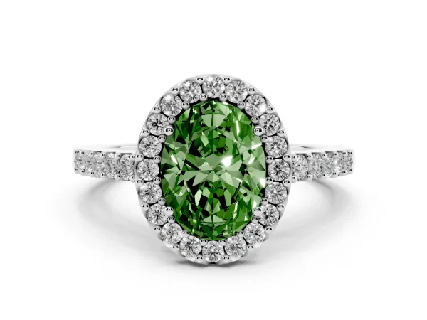 Fancy Green Oval Cut Halo Diamond Pavé Solitaire Ring Platinum