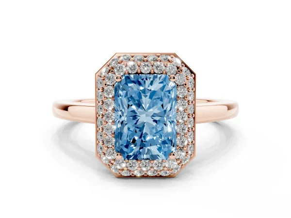 Fancy Blue Radiant Cut Halo Diamond Engagement Ring with Solitaire Band and Four-Prong Setting Rose gold