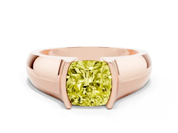 Fancy Yellow Cushion Cut Solitaire Bezel Set Diamond Ring with Wide Band Rose gold