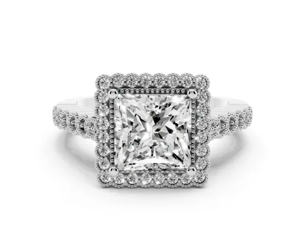 Princess Cut Cut Halo Pavé Solitaire Ring with Milgrain Band Platinum
