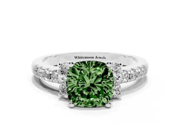 Fancy Green Cushion Cut Diamond Three-Stone Pave Band with Four-Prong Setting White gold
