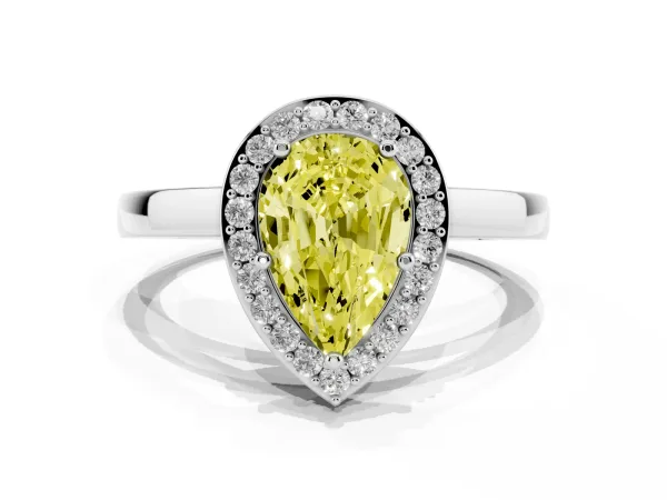 Fancy Yellow Pear Cut Halo Diamond Ring with Solitaire Band and Prong Setting Platinum