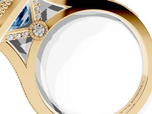 Fancy Blue Asscher Cut Diamond Halo Ring with Milgrain Frame and Pavé Band Yellow gold