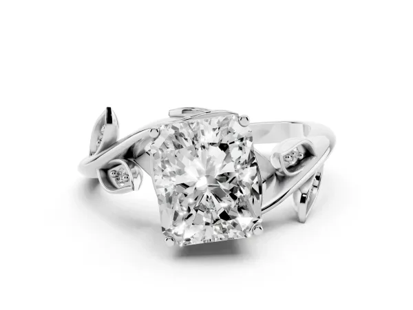 Radiant Cut Solitaire Twist Engagement Ring with Leaf Accents and Prong Setting White gold